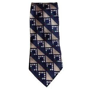 NEW Stafford Executive Tie Navy Beige Multi Geometric Print 100% Silk